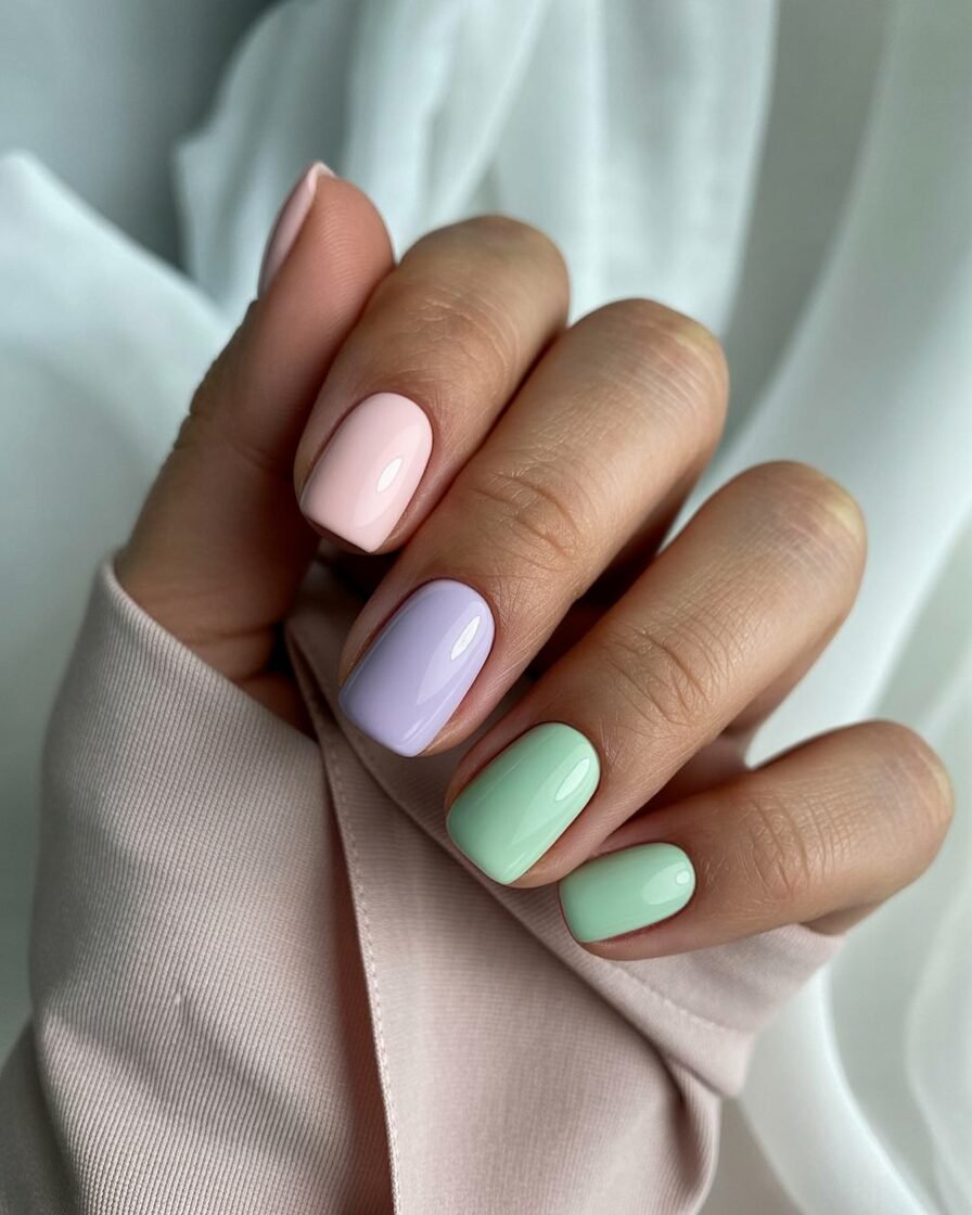 Soft pastel short square nails for a delicate, soft look.