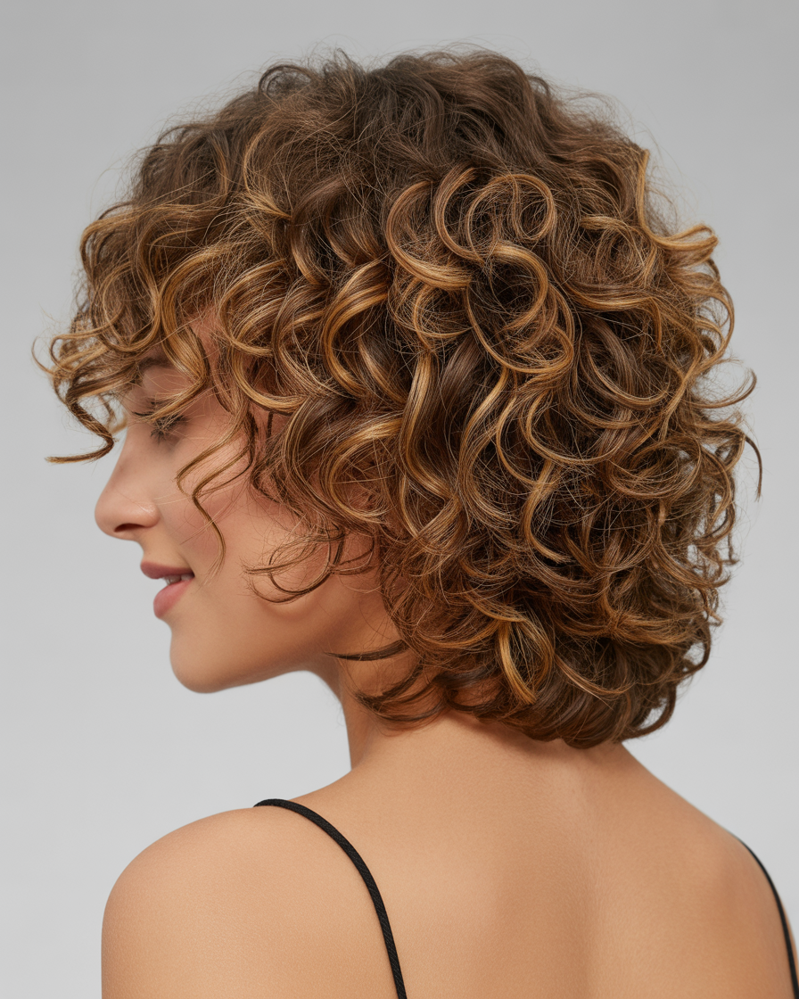 Layered shag cut for tight curls, offering bouncy and defined curls with voluminous layers for a lightweight, textured look.