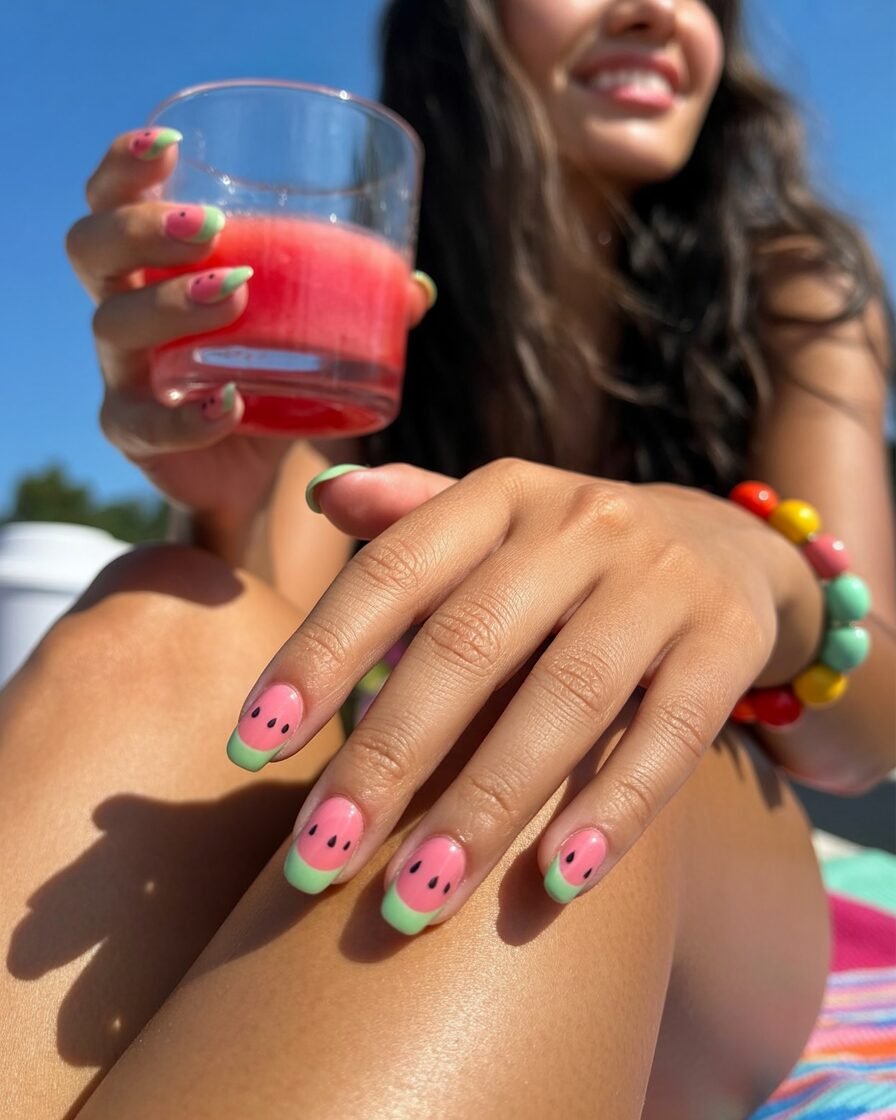 Watermelon-inspired gel nails