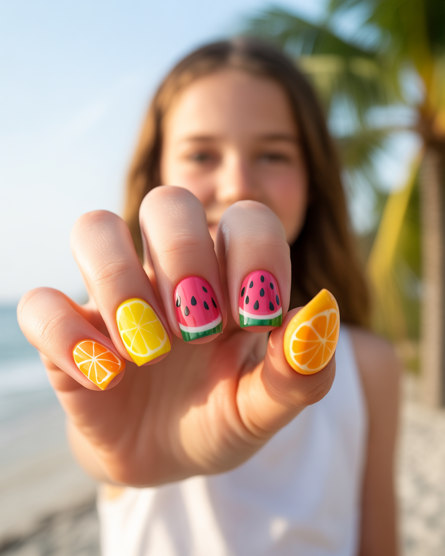 Pretty girl with tropical fruit nail art, bringing summer to your fingertips.