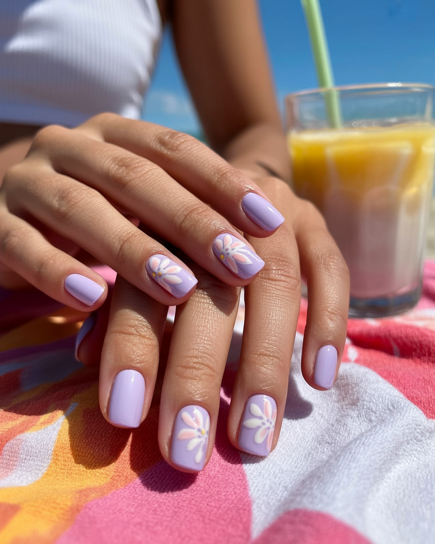 Soft pastel lavender short nails with floral accents, ideal for a chic summer look
