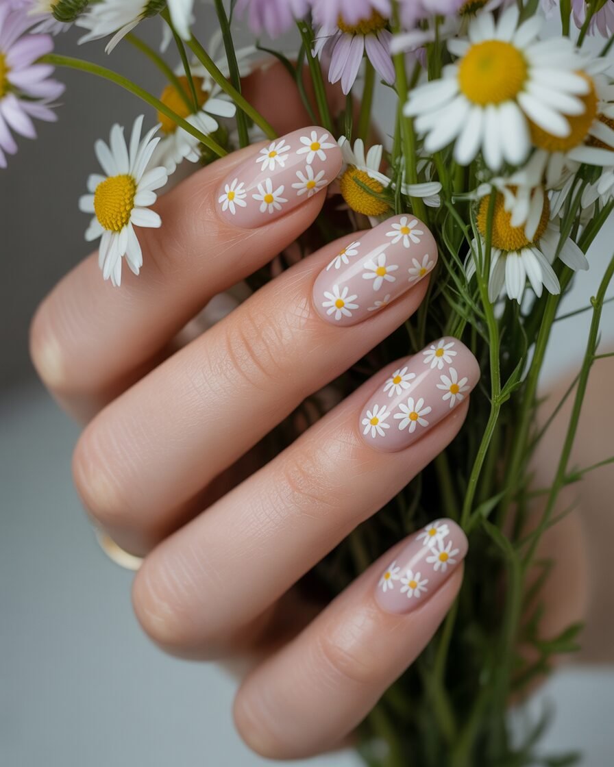 Floral gel nails with hand-painted white daisies on a pink base.
