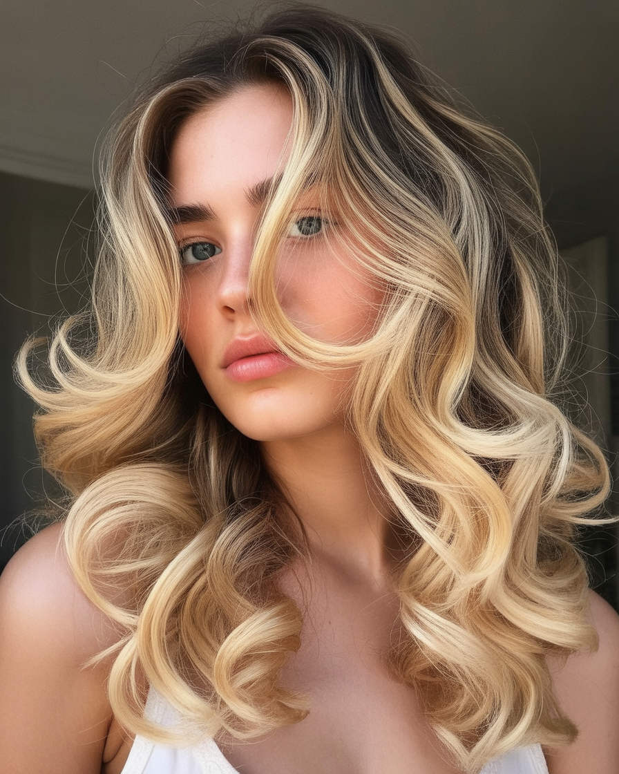 Blonde ombre with soft curls, offering a natural gradient from dark to light with a voluminous, romantic look.