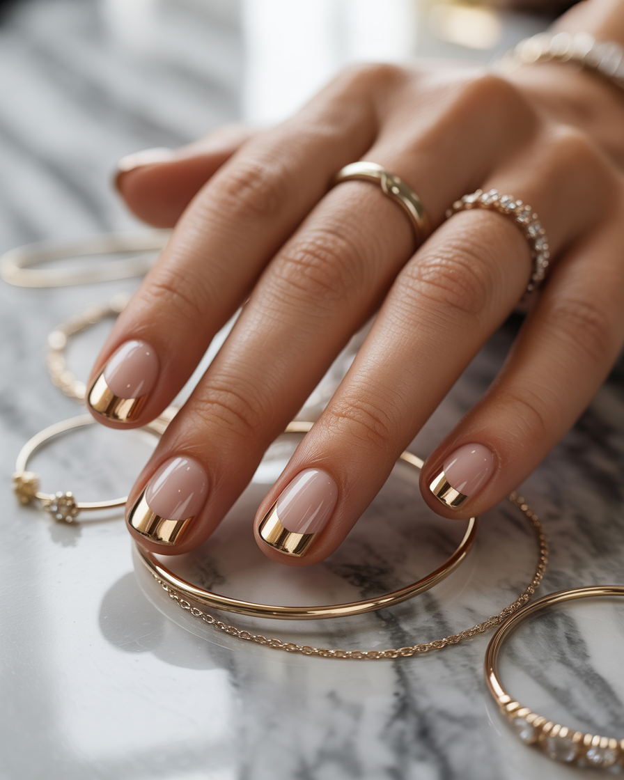 Elegant metallic gold tip short nails with a nude base, perfect for summer sophistication