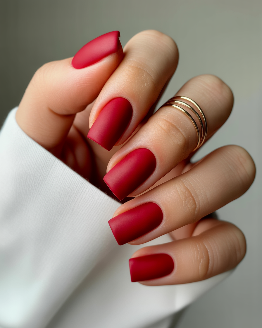 Bold matte red square nails with a modern, velvety look.
