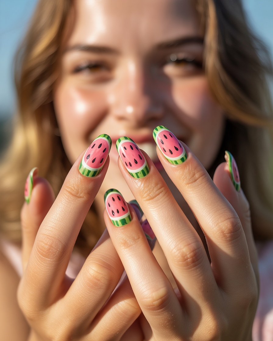Pretty girl with watermelon-inspired nails, perfect for a fresh summer look.