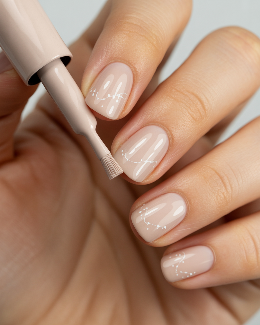 Minimal nude nails with small gold dot accents.