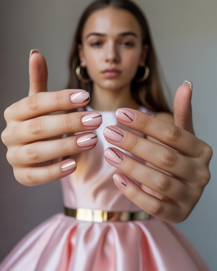 Pink and gold geometric nails for a chic, modern prom design