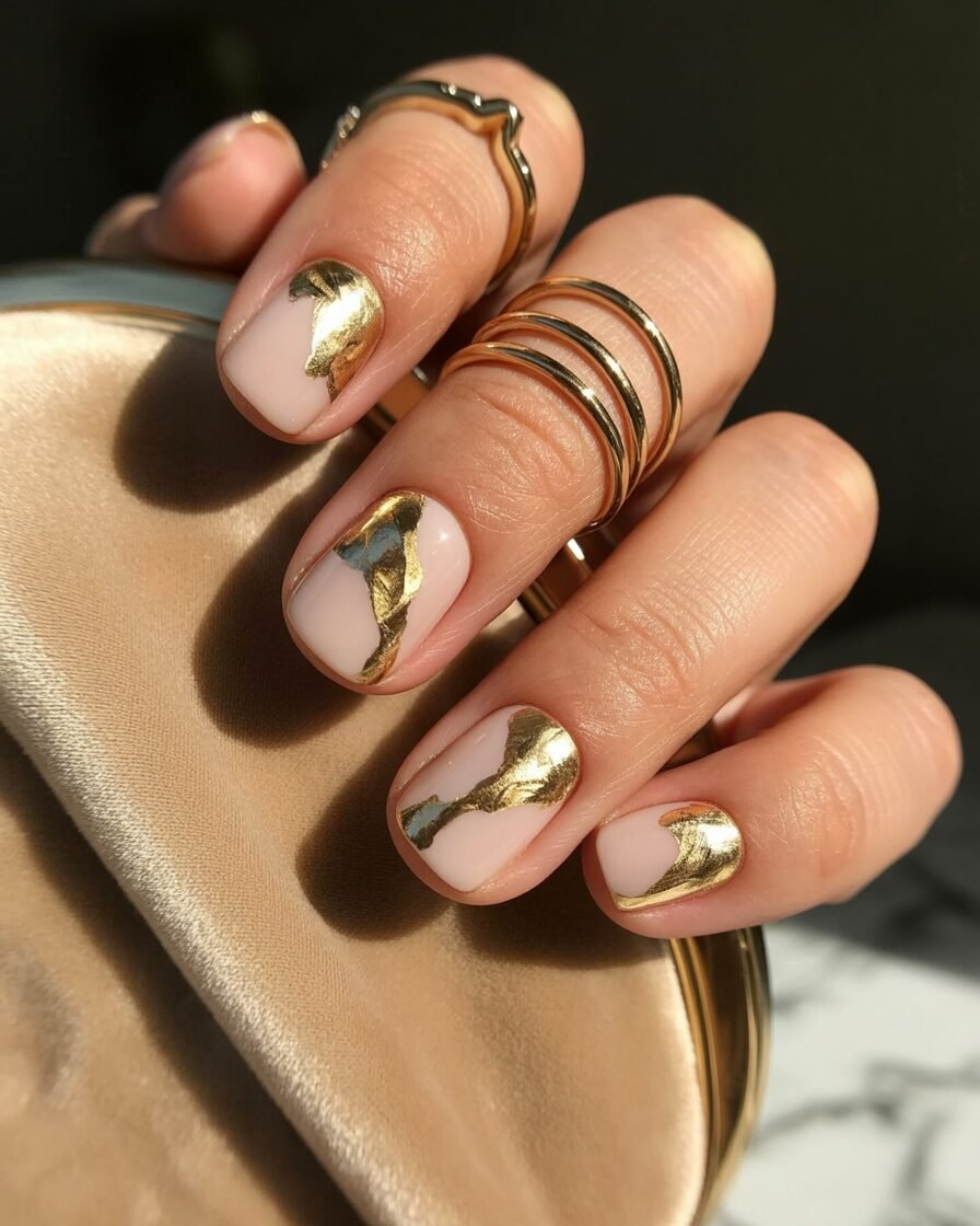 Metallic gold details on short square nails for a glitzy and fashionable design