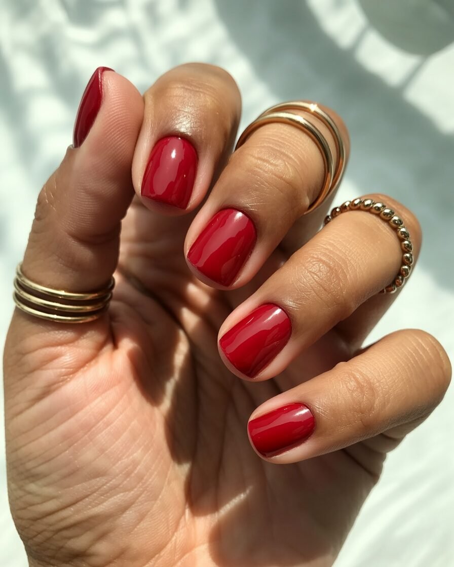 Classic red short square nails for an elegant, sophisticated look