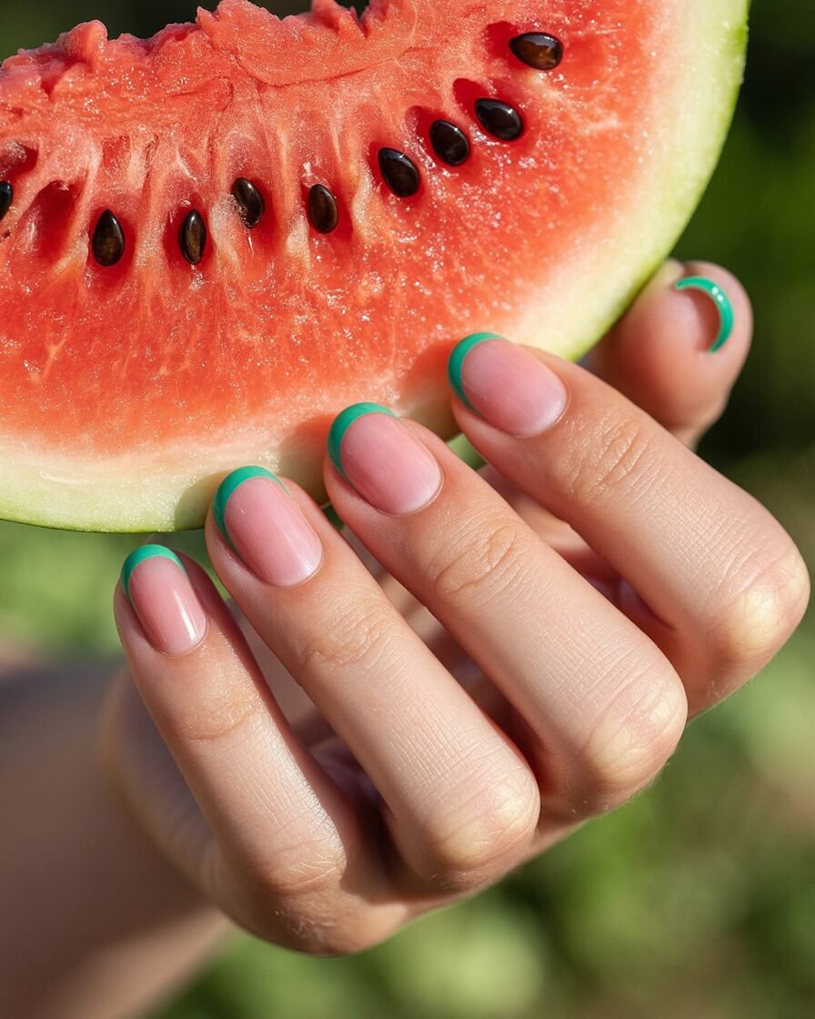 Watermelon-inspired gel nails with pink, green, and black details