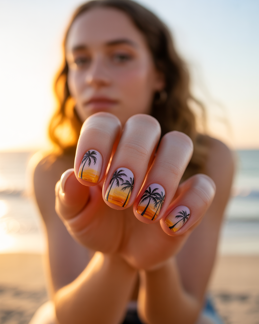  Tropical palm tree nails with sandy base and blue water.