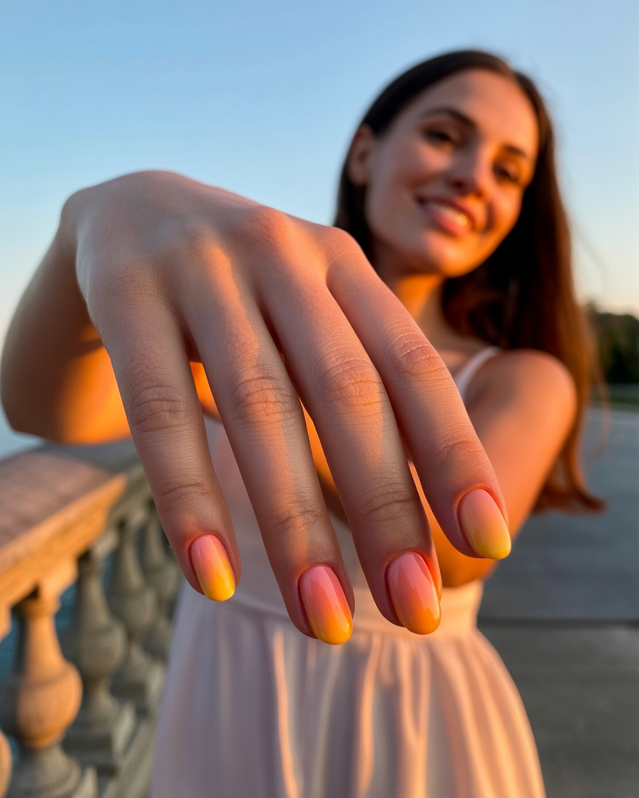 Sunset gradient nails with orange, pink, and yellow tones for a stunning summer look.