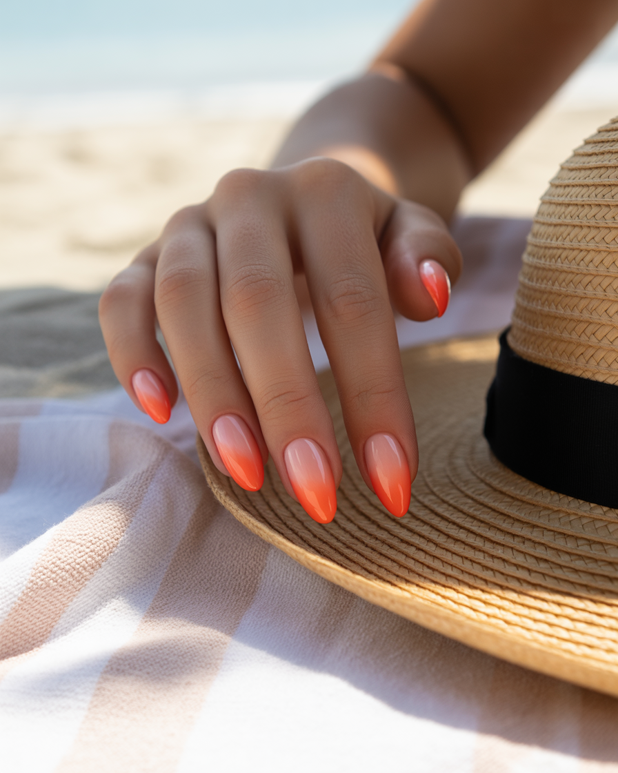 Soft coral ombre nails transitioning from pale peach to vibrant coral.