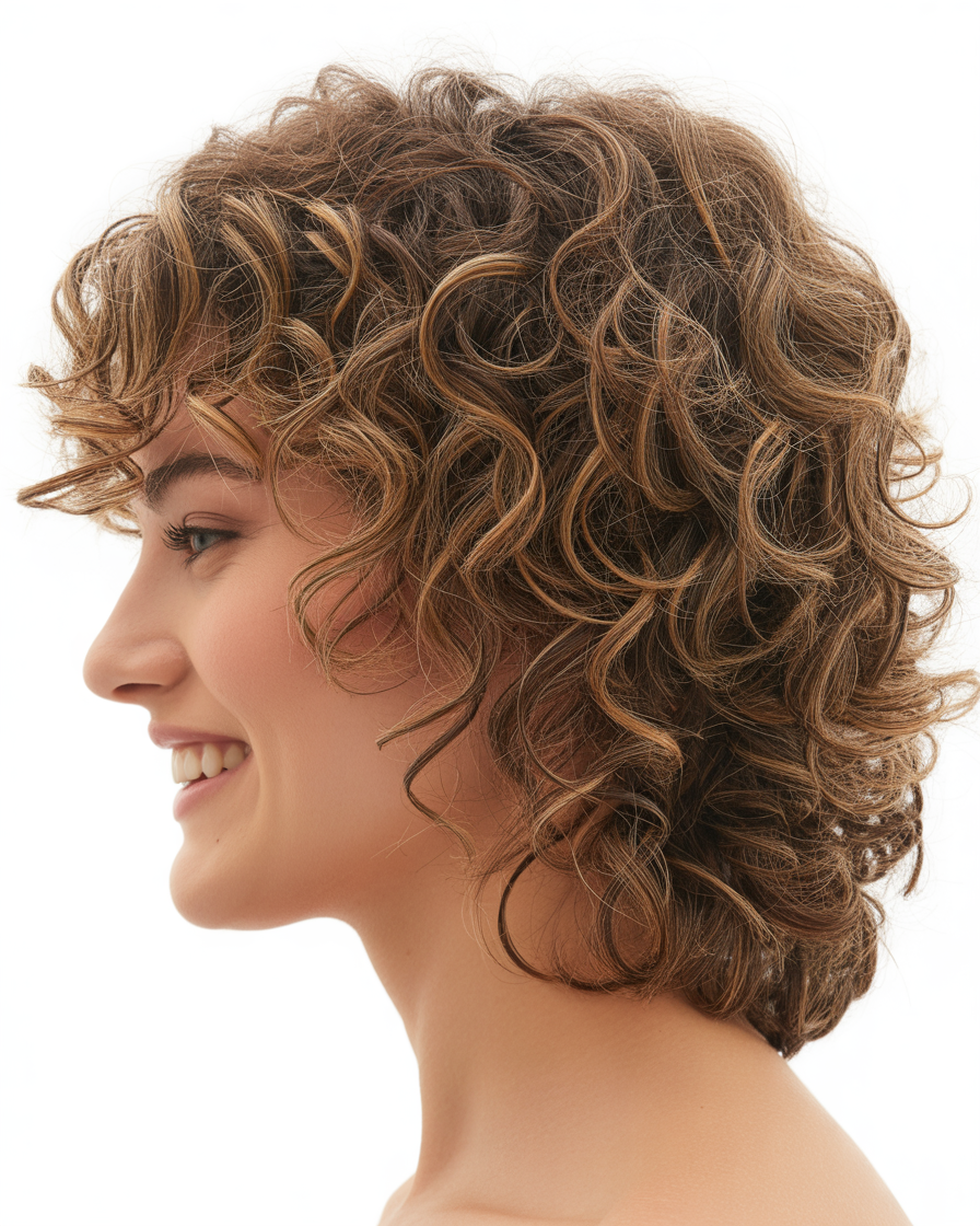 Curly shag haircut with side-swept bangs, offering a voluminous and playful look with bangs that frame the face beautifully.