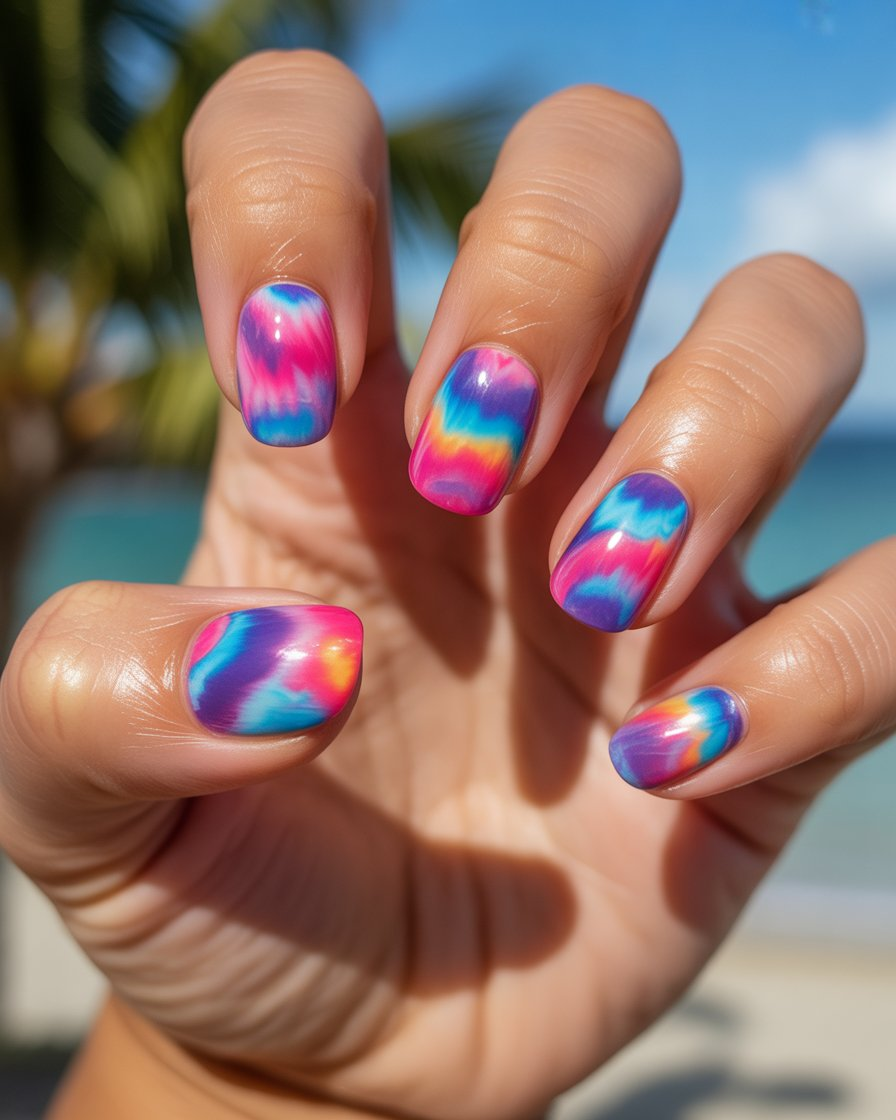 Pretty girl with tropical tie-dye nails, bringing colorful energy to her summer look.