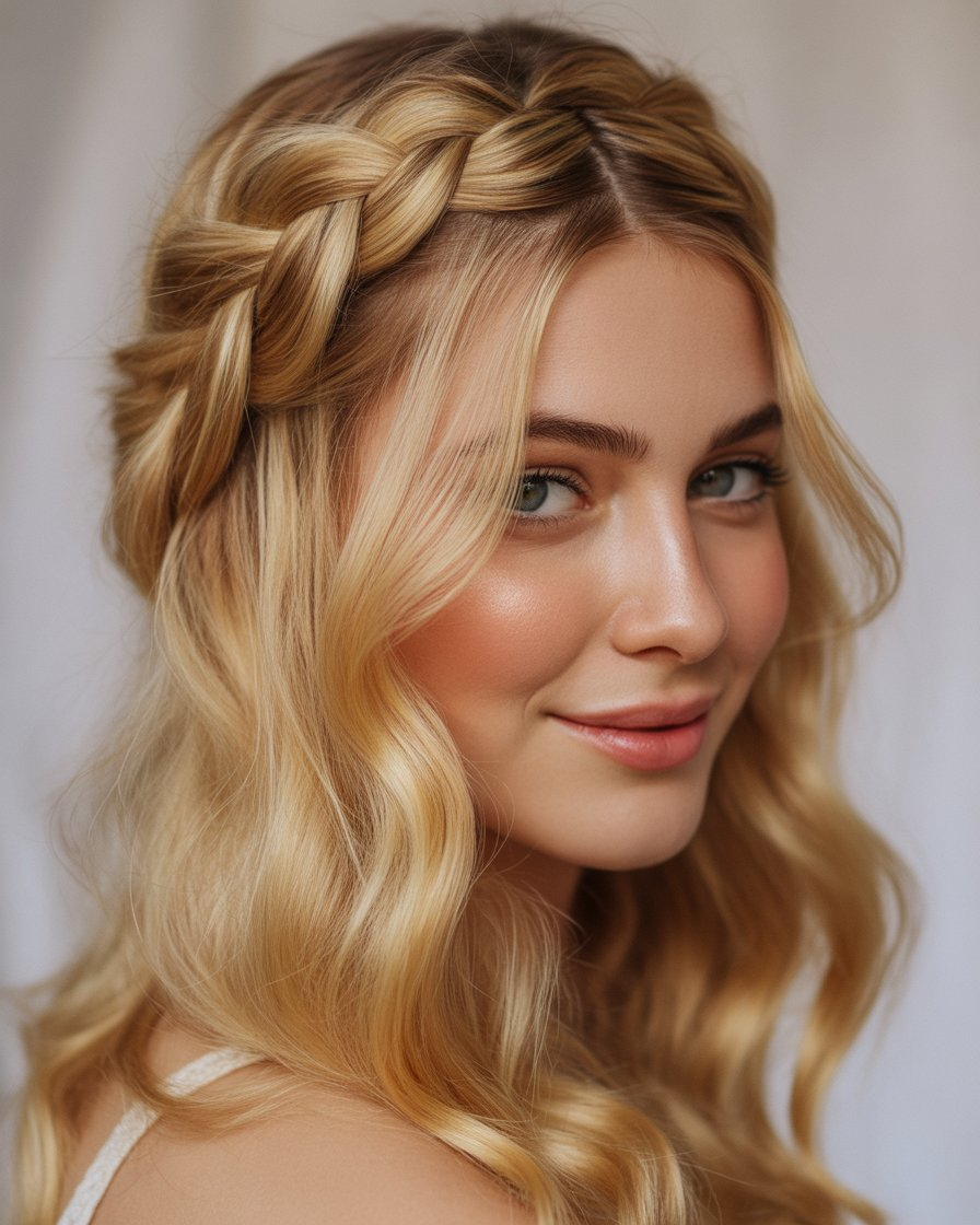 Blonde braid crown hairstyle, with intricate braids forming a crown around the head, offering a soft and romantic look.
