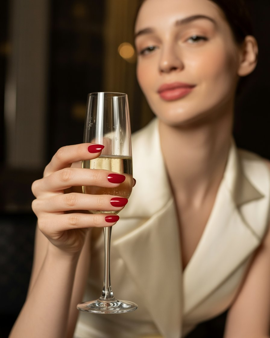 Classic red nails on short nails for a timeless and elegant look, paired with a chic outfit.