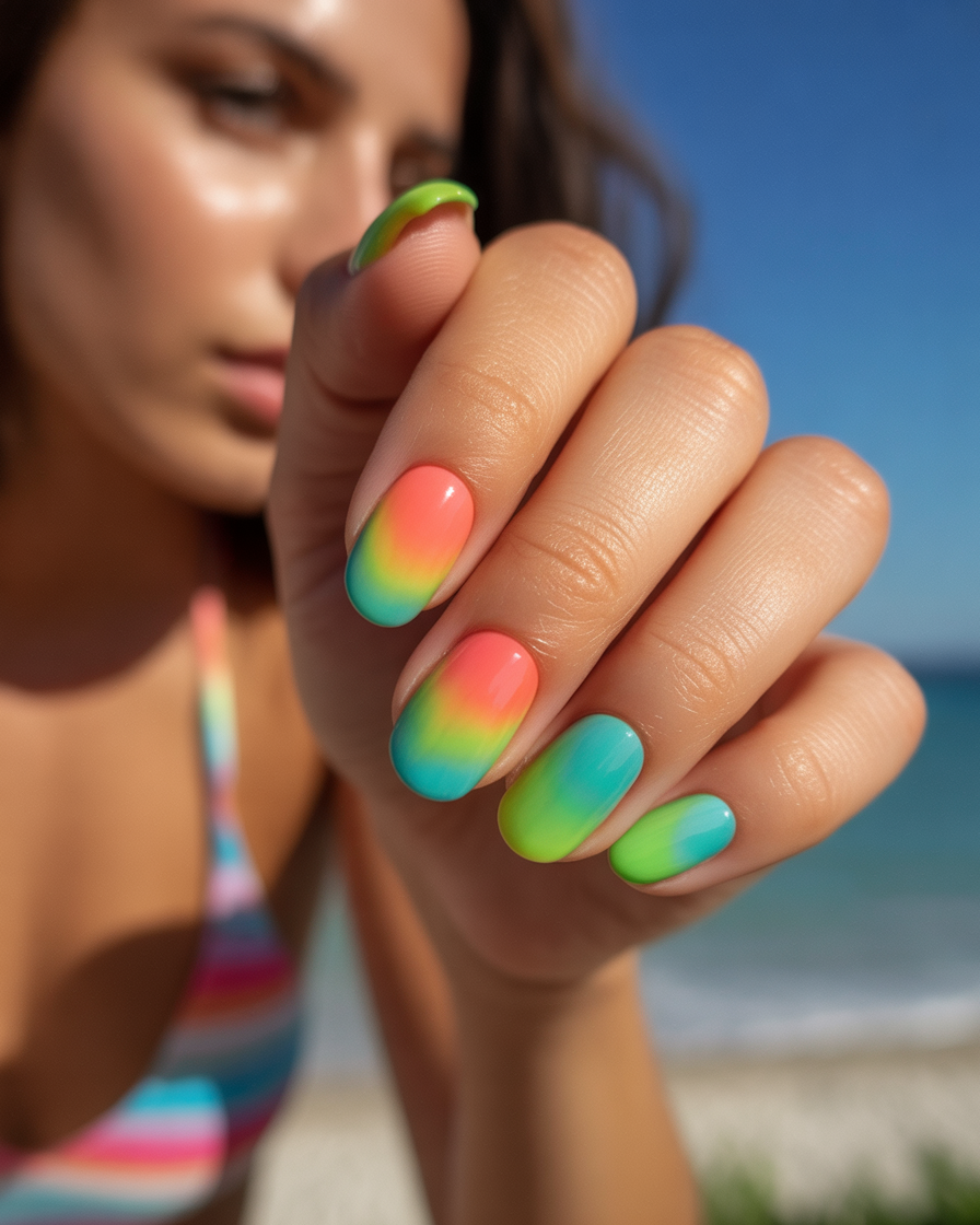 Bright tropical gradient nails with coral, turquoise, and lime green.