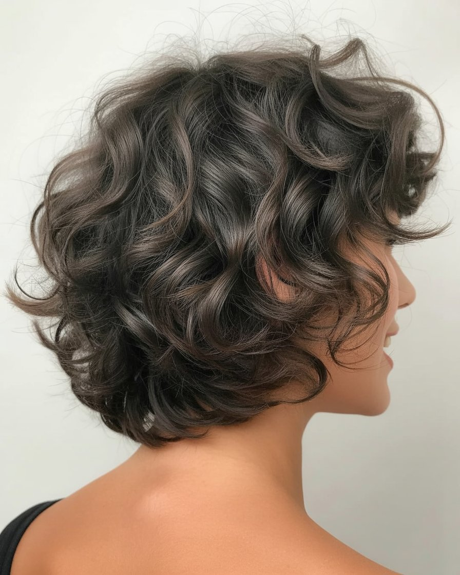 Messy shaggy bob with curly ends, creating a fun, youthful look with textured layers and voluminous curls.