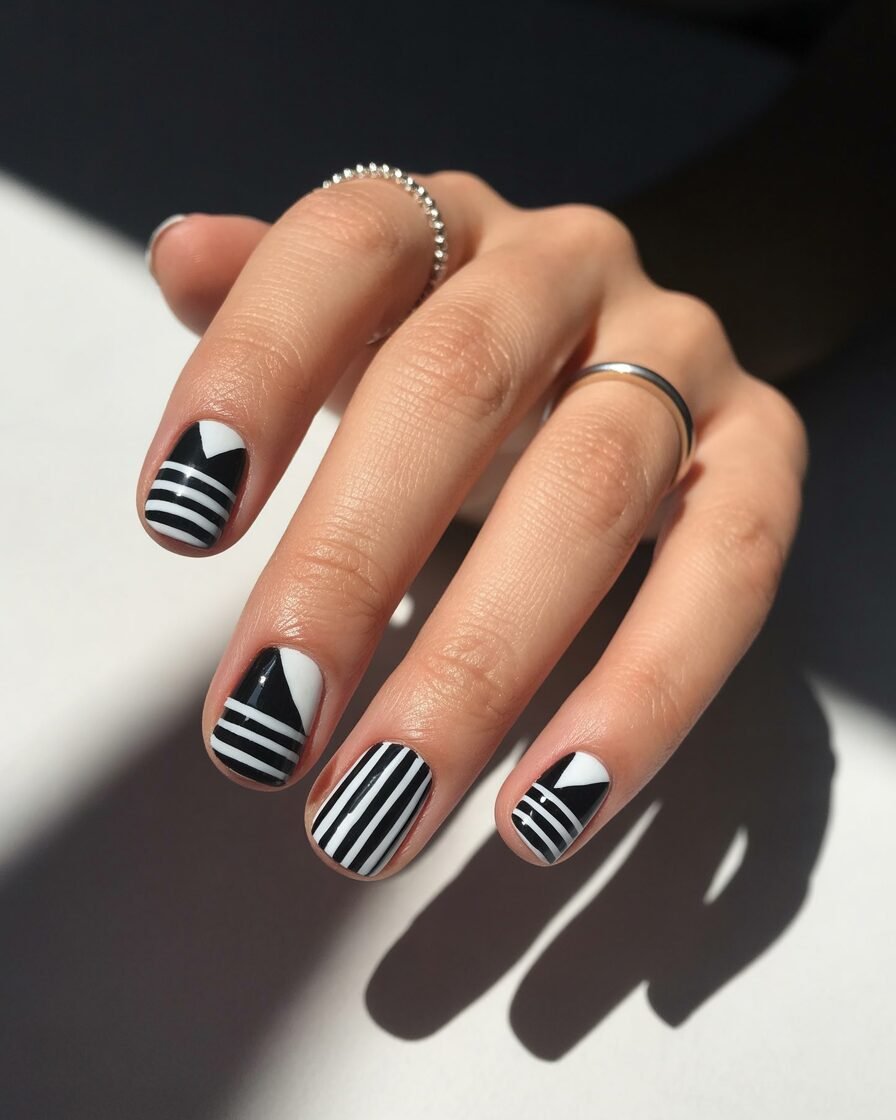Bold geometric patterns on short square nails for a modern, edgy look.