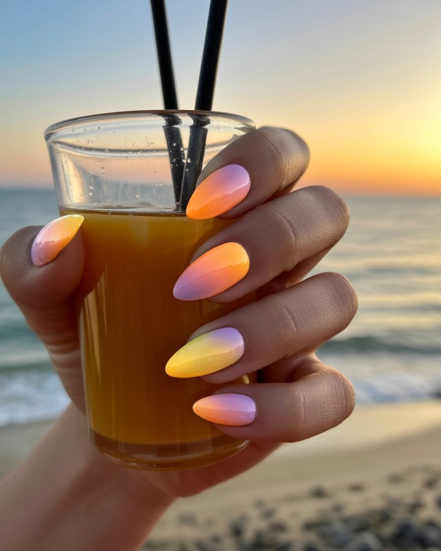 Sunset gradient gel nails in orange, pink, yellow, and purple.