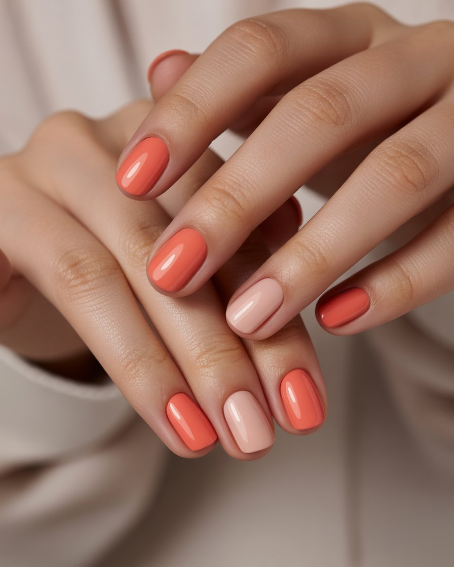 Elegant coral and nude nails for a subtle yet chic design.