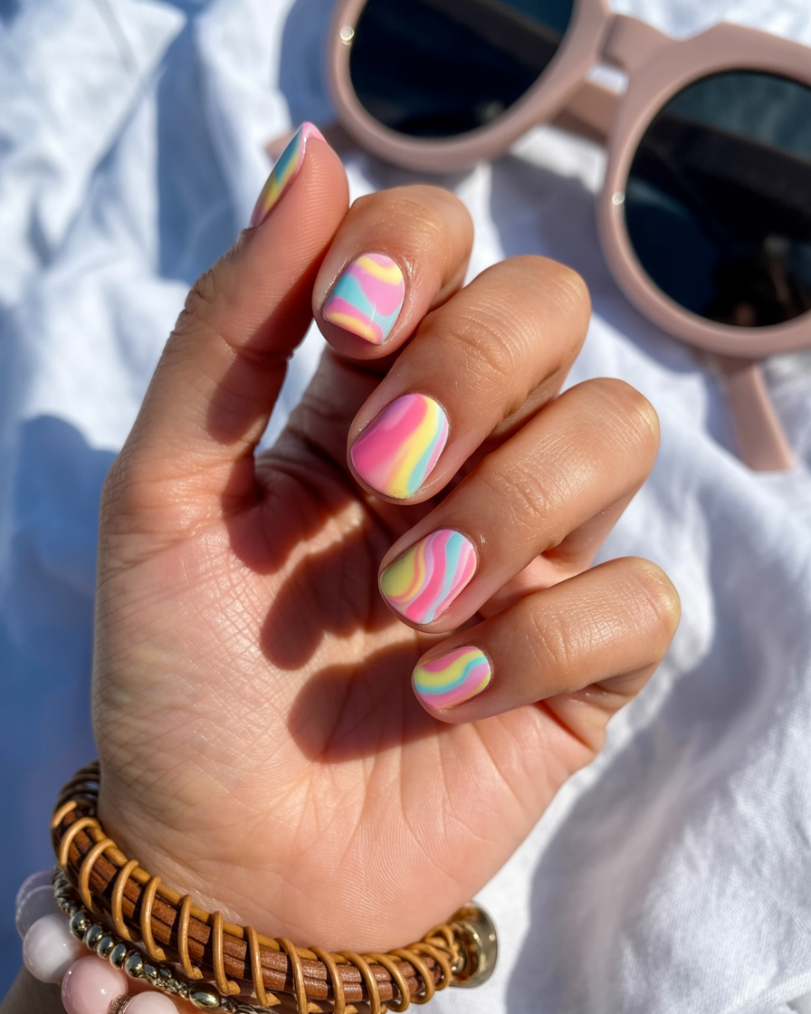 Retro tie-dye nails in bright colors, perfect for a playful summer look.