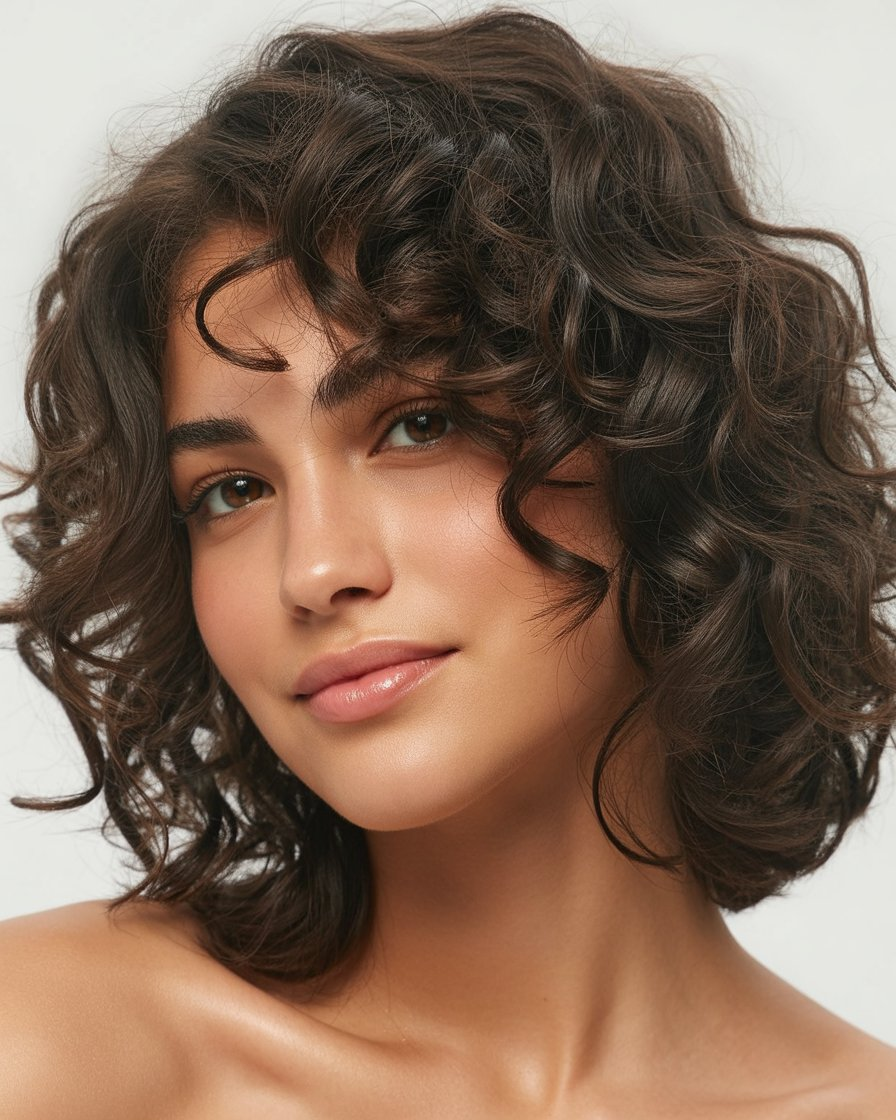 Loose curled lob with dark brown hair, offering a versatile and stylish look with a soft, wavy texture.