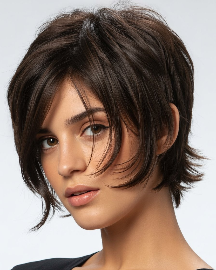 Shaggy pixie cut with dark brown hair, offering a bold, textured style with layers for a playful vibe.