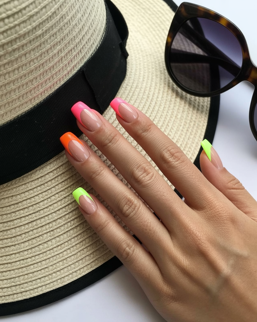 Trendy short nails with colorful French tips for a modern twist on a classic style.