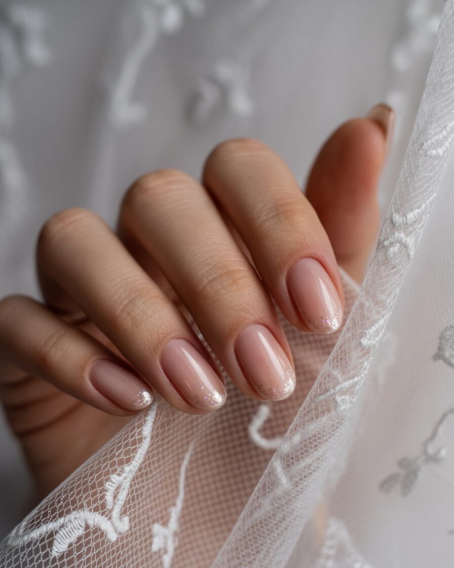 Nude nails with glitter accents for a minimalist yet glamorous bridal manicure.