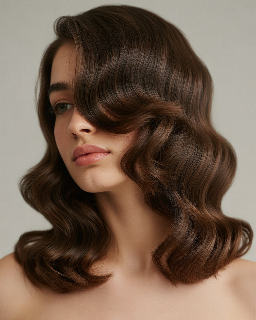 Side-swept loose waves with dark brown hair, offering a soft, romantic style for formal occasions.