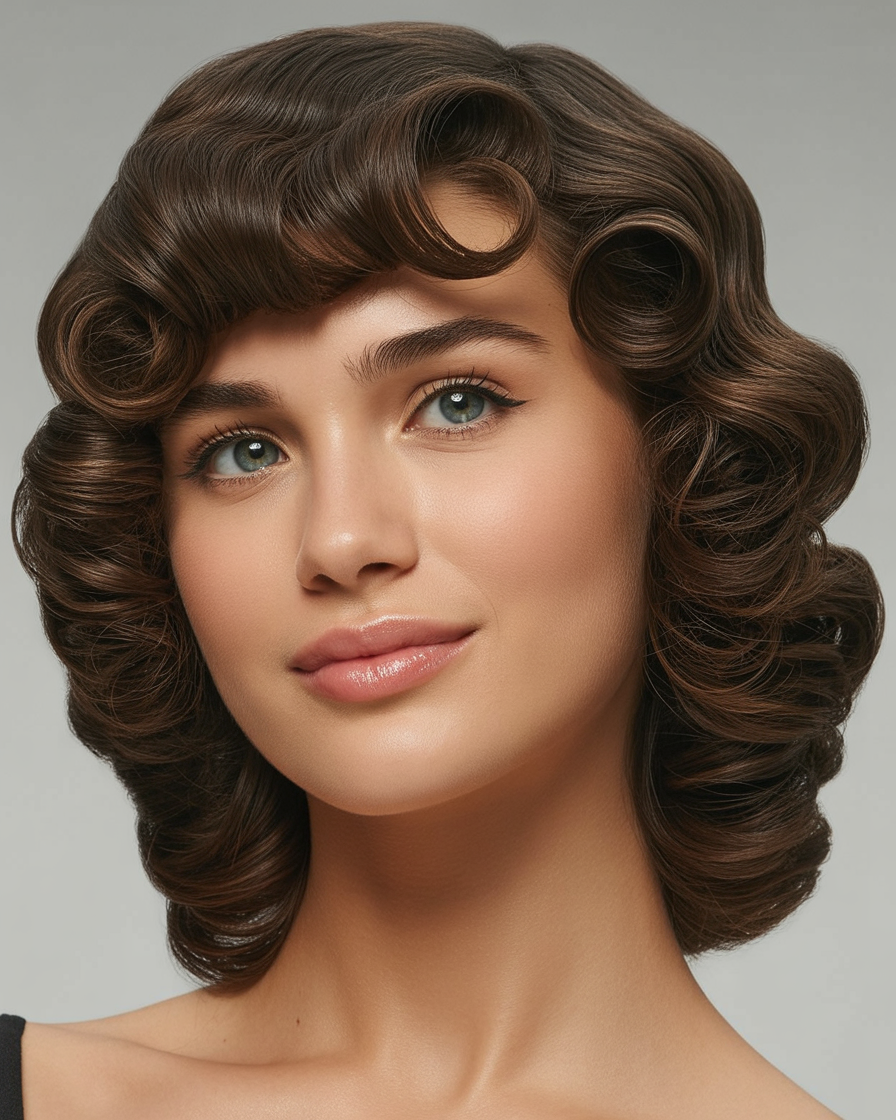 Vintage glam curls with dark brown hair, offering a dramatic, bold style for glamorous occasions.