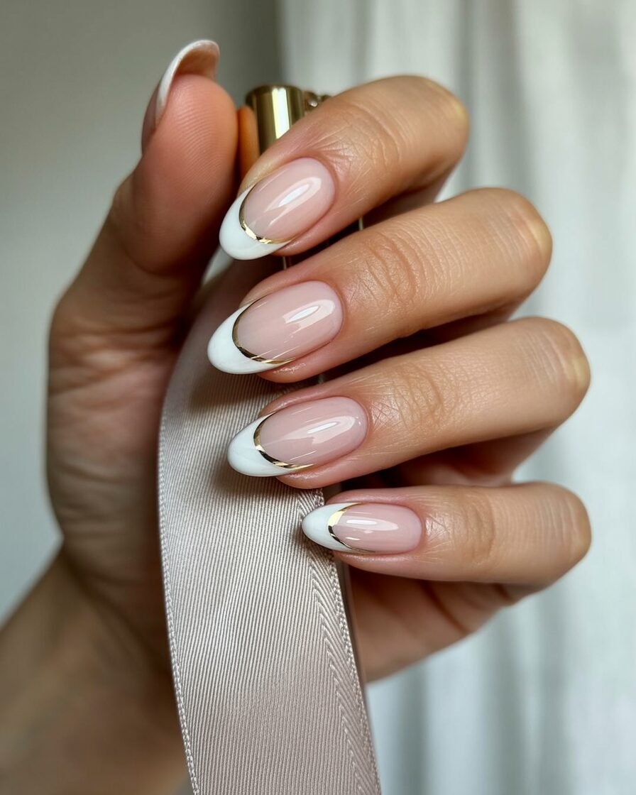 Timeless French manicure with nude-to-white gradient and metallic tips for a modern twist.