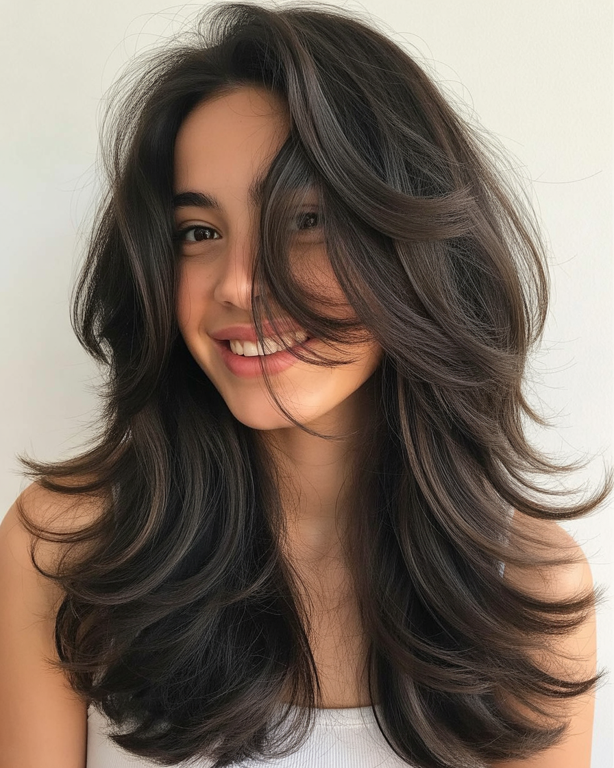 Textured long layers with dark brown hair, offering volume and movement for a natural, flowing hairstyle.