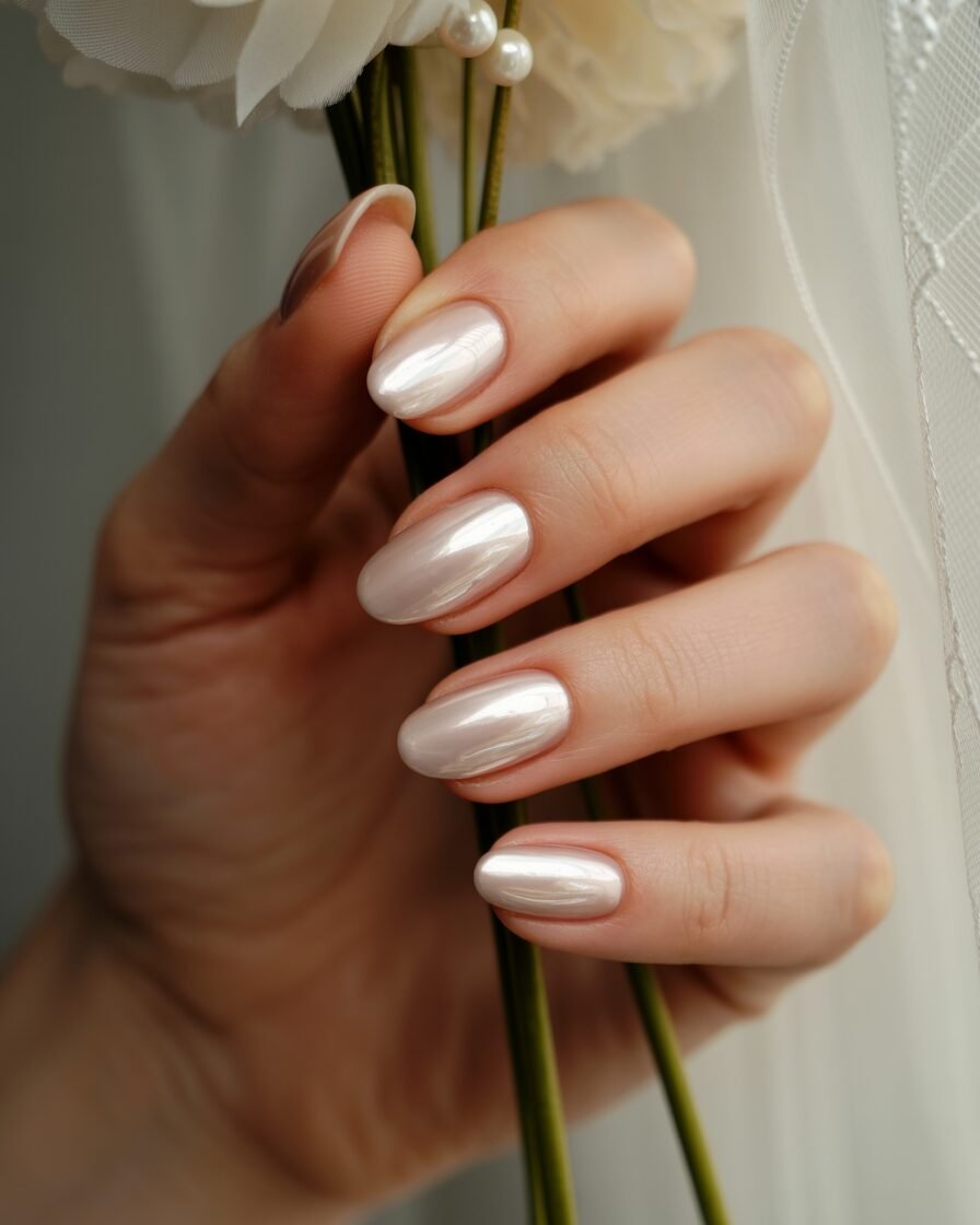 High-gloss glazed donut nails in nude for a sleek, modern bridal aesthetic.