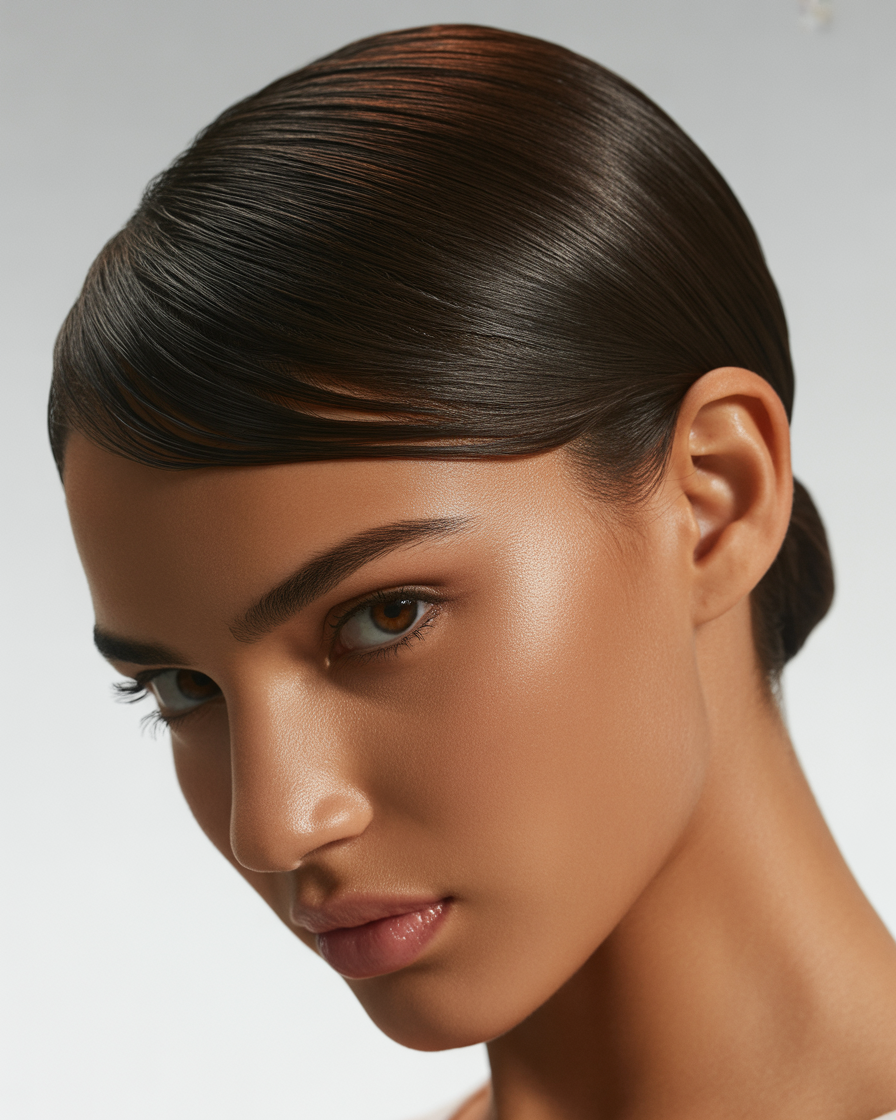 Slicked-back hairstyle with dark brown hair, offering a modern and polished look for formal occasions.