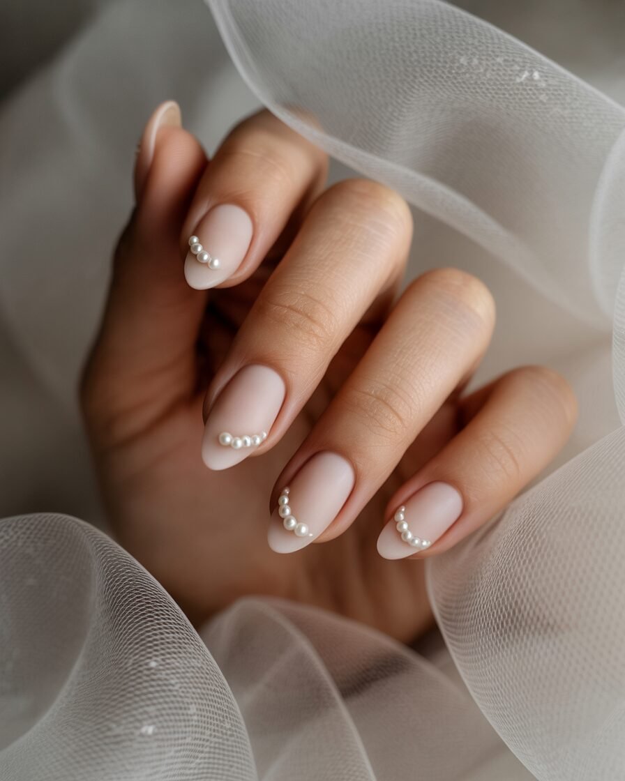 Matte nude nails with pearl embellishments for a chic and timeless bridal look.