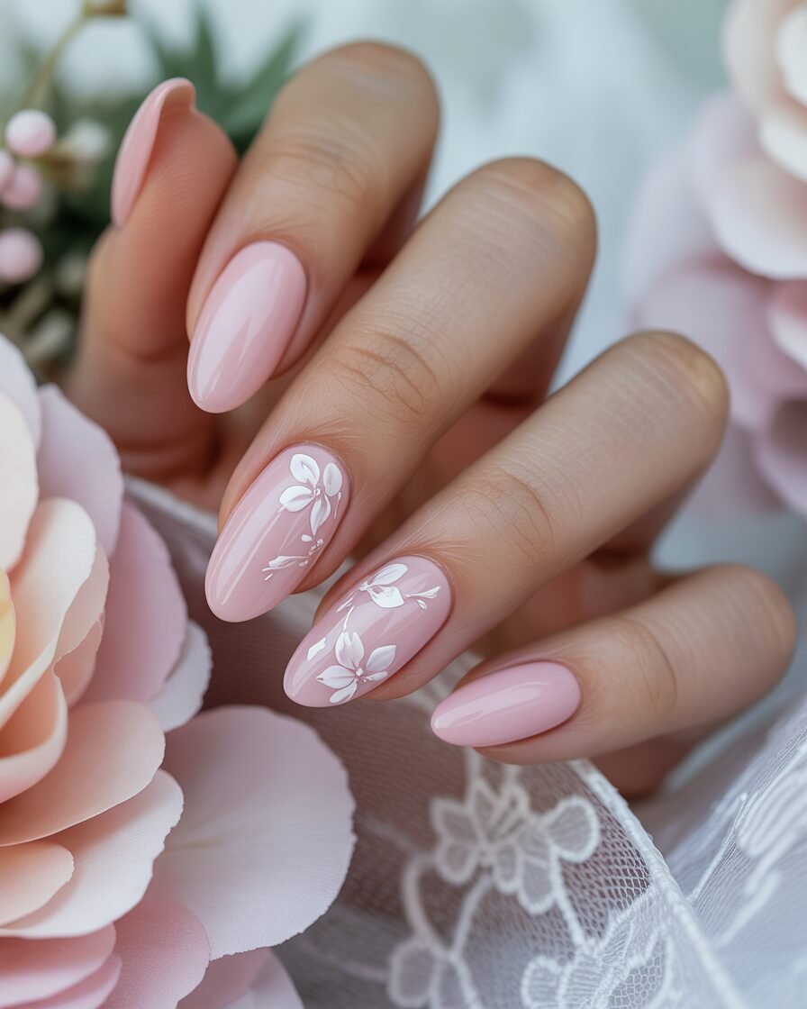Soft pastel pink nails with white floral detailing, ideal for a romantic bridal look.