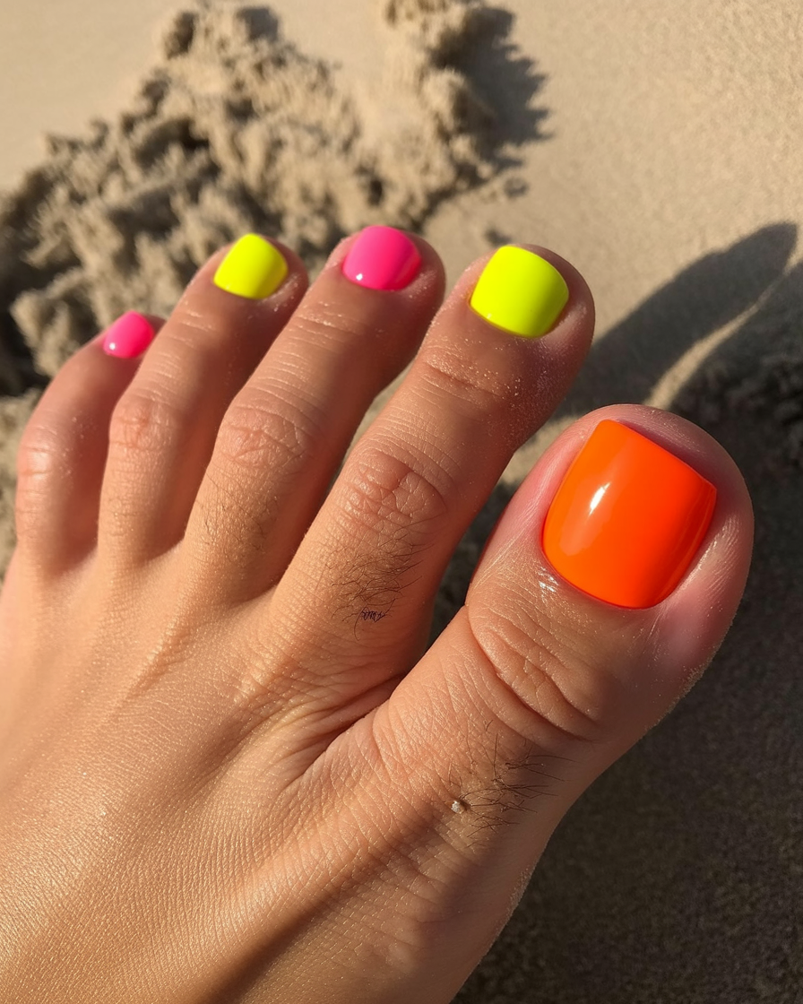 Neon beach toenails 