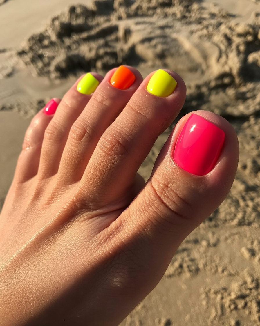 Neon beach toe nails in bright pink, orange, and yellow shades.