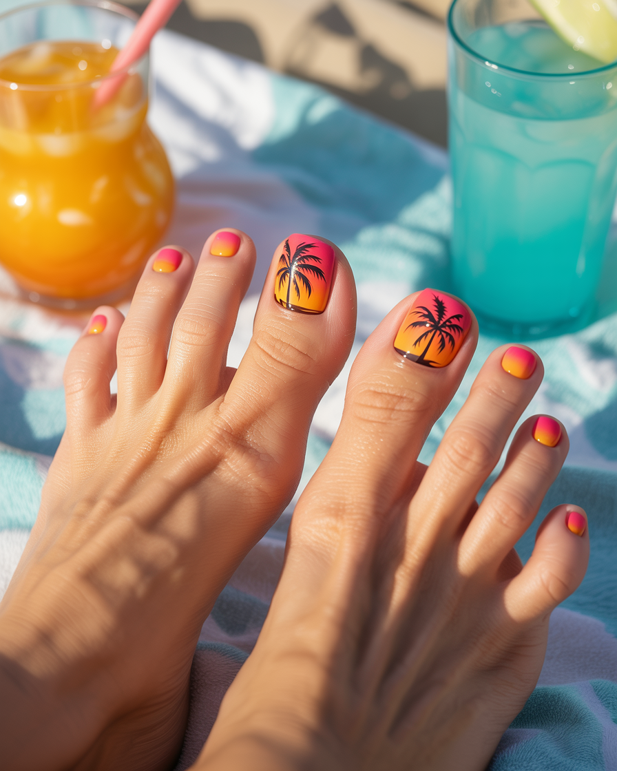 Tropical palm tree nail art with a sunset gradient on beach toes