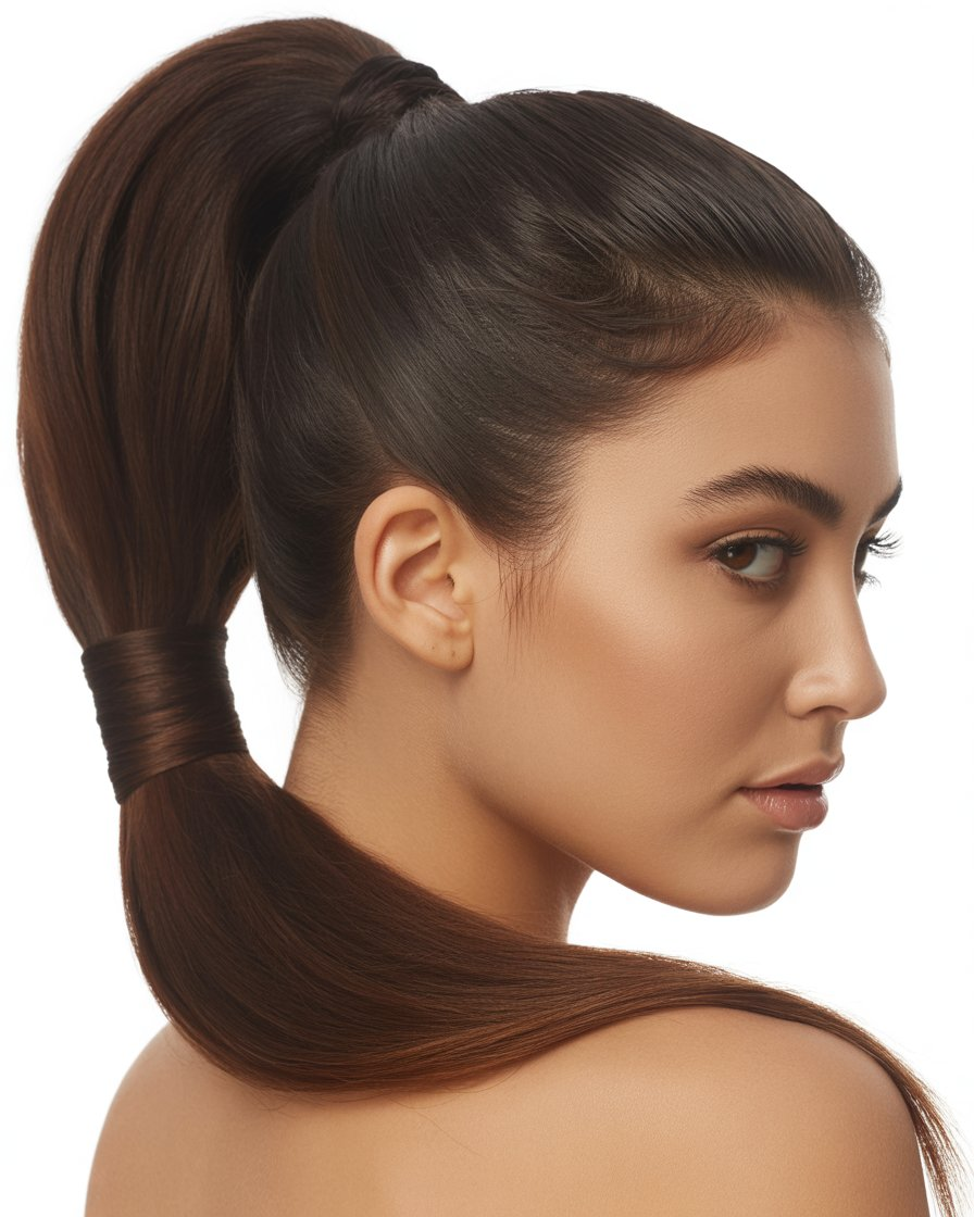 Sleek high ponytail with dark brown hair, polished and elevated with a wrapped strand of hair at the base.
