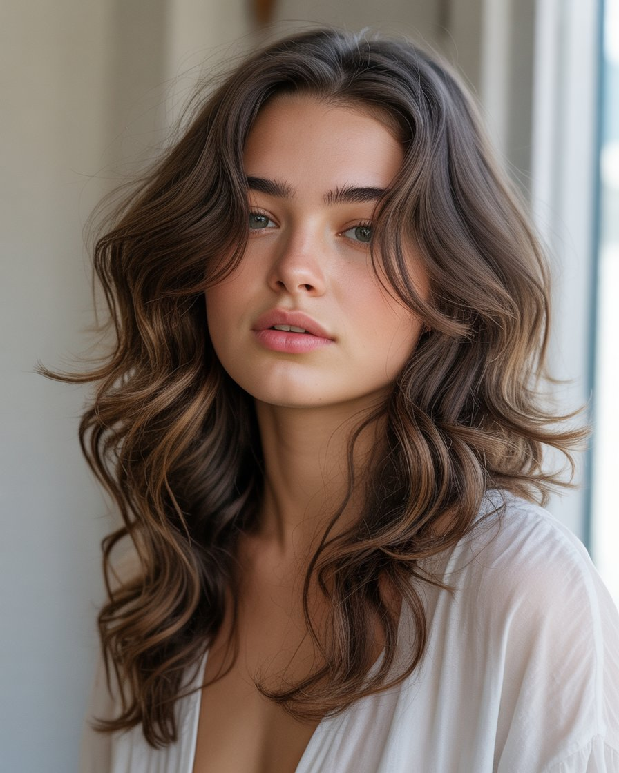 Beachy waves with dark brown hair, creating a voluminous and relaxed look perfect for casual outings.
