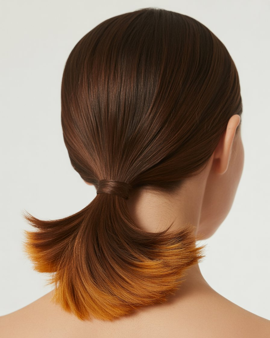 Chocolate brown ponytail with caramel tips, offering a chic and polished look with a touch of playful contrast.