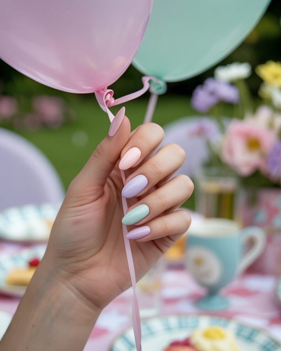 Soft pastel nails in pink, lavender, and mint shades