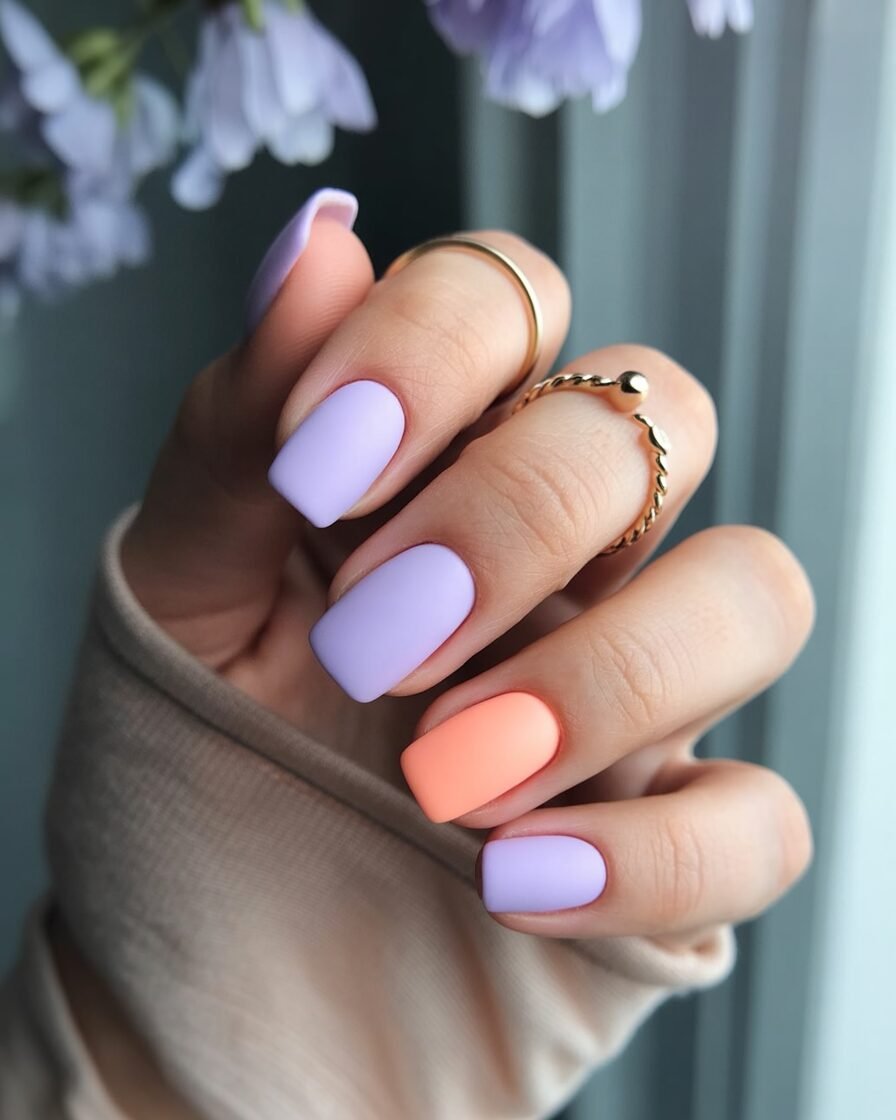 Matte pastel nails in soft lavender and peach
