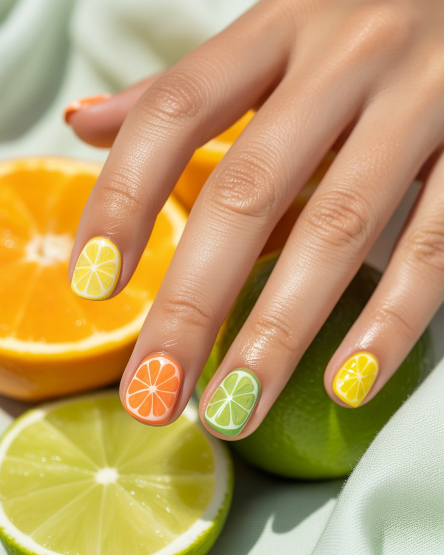 Citrus slice nail art with oranges, lemons, and limes.