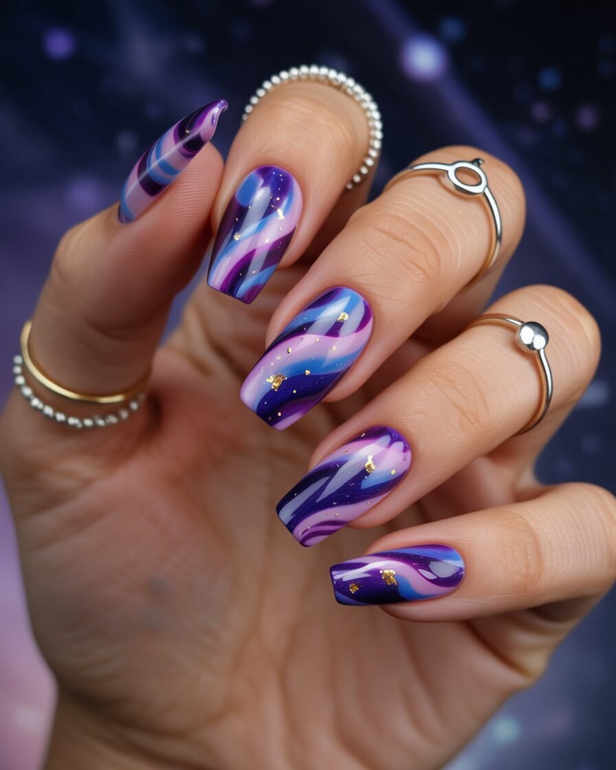 Vibrant galaxy nails with cosmic colors and glitter